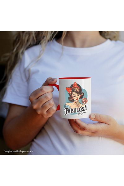 StoryGift Romania Mug Girl with lollipop and bow text always fabulous, 330ml, Ceramic with Red Handle, With M,STG