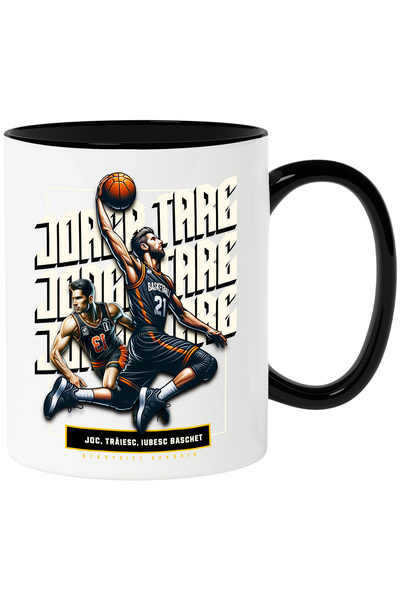 StoryGift Romania Cana jucatori de baschet joc traiesc iubesc baschet , 330ml, Ceramica cu Maner N, Cu Maner Negru STG