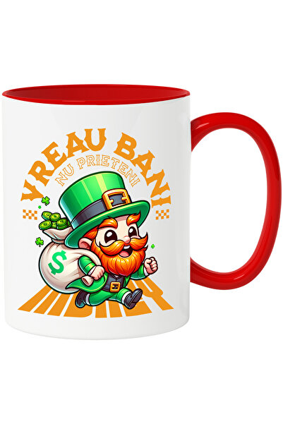 StoryGift Romania Cana Spiridus cu sac de bani text Bani nu prieteni, 330ml, Ceramic cu Maner Rosu, Cu Maner Rosu STG