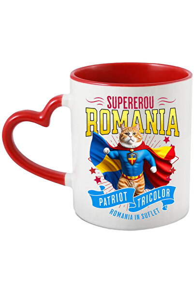 StoryGift Romania Mug with Birman / Birman Cat in Captain Romania Costume with Cape, Hero No, with Heart Handle STG