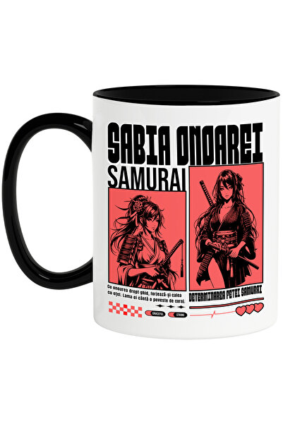 StoryGift Romania Cana Fata ninja Sabia Onarei. Fata Samurai, 330ml, Ceramica cu Maner Negru, Cu Maner Negru STG