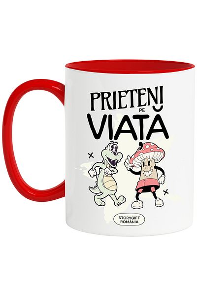 StoryGift Romania Cana Prieteni pe viata, dragon si ciuperca iubire, 330ml, Ceramic cu Maner Rosu, Cu Maner Rosu STG