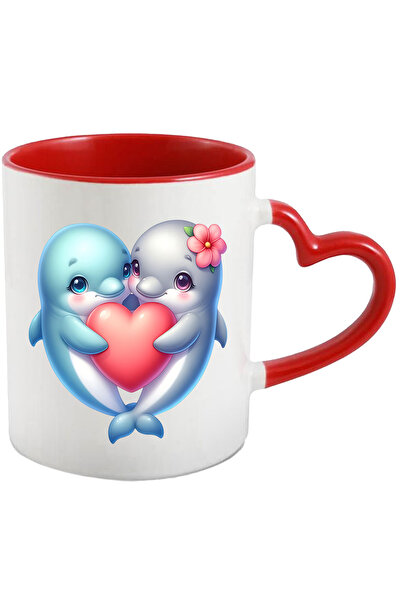 StoryGift Romania Cana cu 2 delfini care se imbratiseaza si tin o inima | floare | Valentine's Day, Cu Maner Inim STG