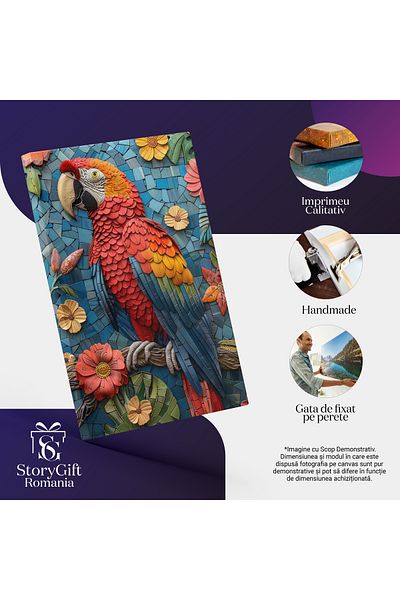 StoryGift Romania Tablou Canvas Arta Manuala Creatie Un Papagal Cu Penele Colorate Pe O Ramura Cu Flori Frumoase