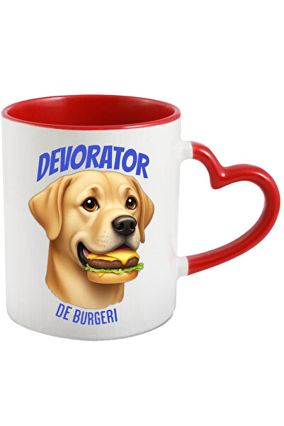StoryGift Romania Cana Caine Mancand un bUrger, Text devorator Burgeri, 330ml, Ceramica cu Maner I, Cu Maner Inim STG