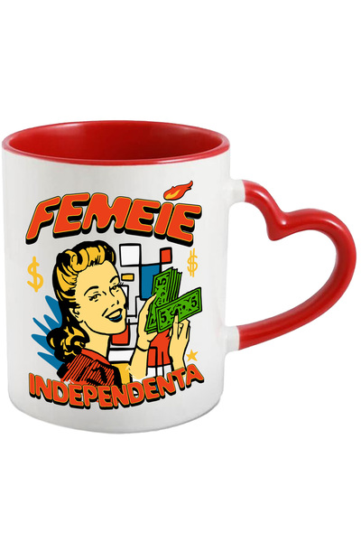 StoryGift Romania Cana femeei cu bani, independenta, avere, valoare, 330ml, Ceramica cu Maner Inim, Cu Maner Inim STG