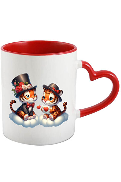 StoryGift Romania Cana cu 2 tigri care stau pe norisori | ilustratie | flori | foaie | animale sal, Cu Maner Inim STG