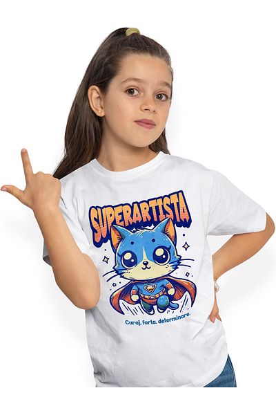 StoryGift Romania Children's T-shirt for Girls Super Artista, Superhero, Flying Cat 100% Cotton, Unisex, White, 12 Years