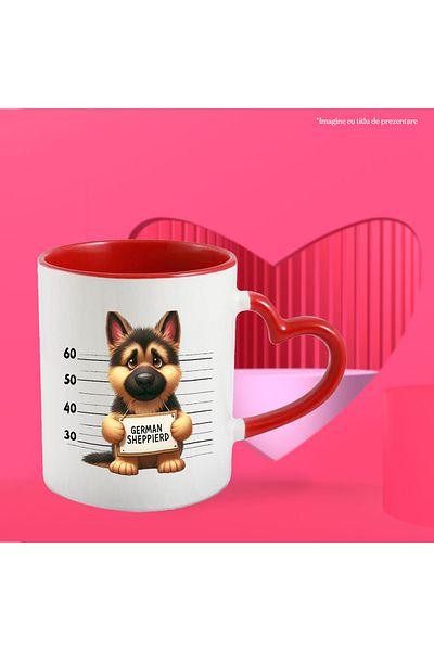 StoryGift Romania Cana cu ciobanesc german, caine, animal de companie, ilustratie, inchisoare, tri, Cu Maner Inim STG