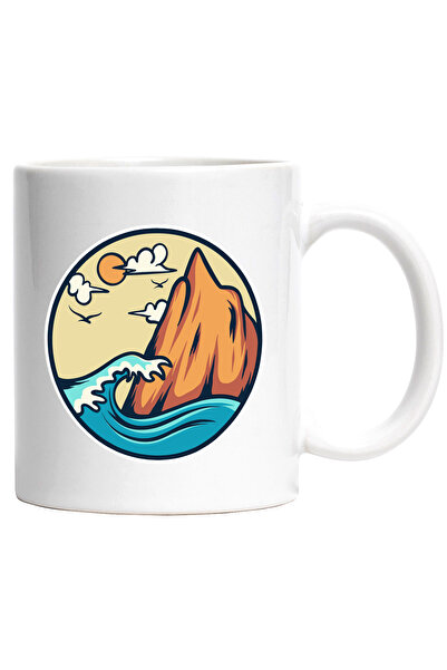 StoryGift Romania Cana Cu Ocean: Pasari, Valuri, Munte, Nori, Stanci, Natura, Multicolor 330 ml, C, Cu Maner Alb