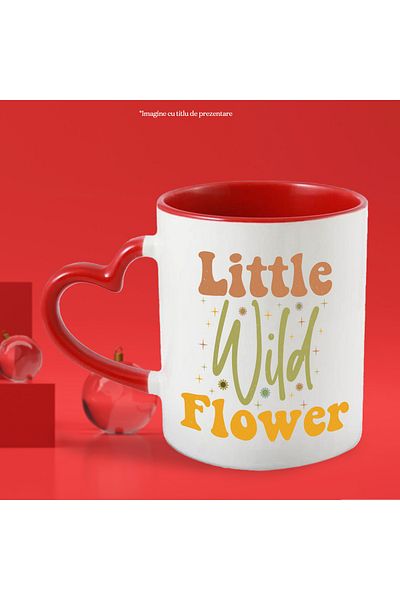 StoryGift Romania Cana cu floricele si textul in limba engleza "Little wild flower" - floare salba, Cu Maner Inim STG