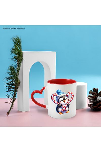 StoryGift Romania Mug with a baby penguin holding 2 lollipops | illustration | sweets | fes | fr, Cu,STG.