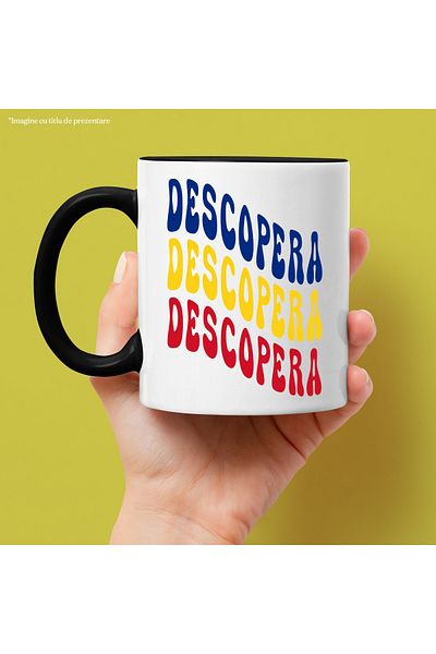 StoryGift Romania Mug The Word Discover, in the Colors of the Romanian Flag, Red, Yellow, Blue, With