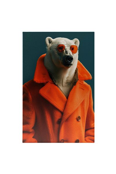 StoryGift Romania Tablou Canvas Urs Polar Îmbrăcat În Palton Portocaliu- Ochelari Portocalii Asortați Cu Blana Al