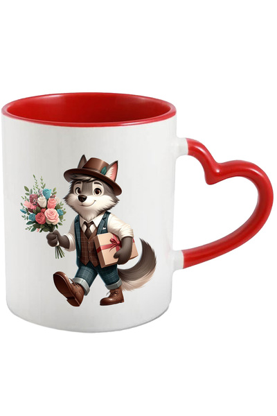 StoryGift Romania Cana cu un lup care tine un buchet cu flori si un cadou | i...