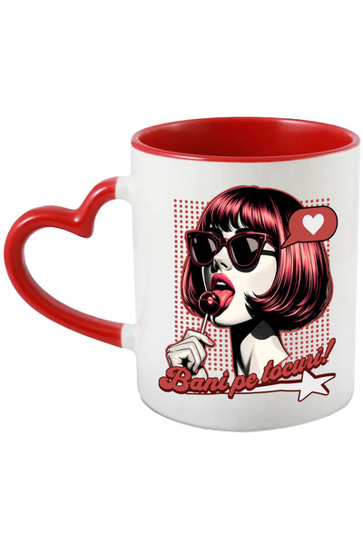 StoryGift Romania Cana bani pe tocuri fata cu ochelarii de soare si bomboana, 330ml, Ceramica cu M, Cu Maner Inim STG