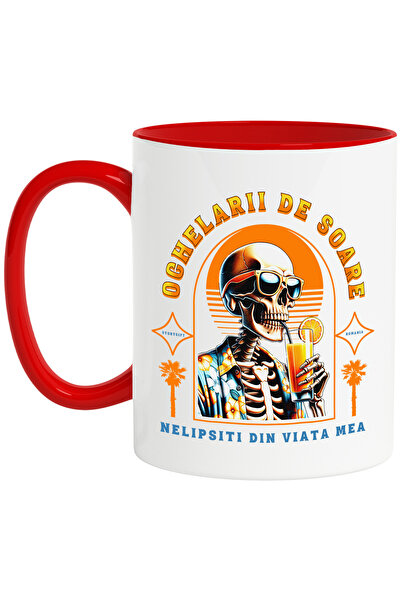 StoryGift Romania Cana ochelarii de soare nelipsiti schelete la plaja, 330ml, Ceramic cu Maner Ros, Cu Maner Rosu STG