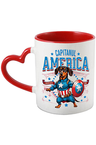 StoryGift Romania Mug with Dachshund Dog in Captain America Costume with Cape, Hero, with Heart Handle STG
