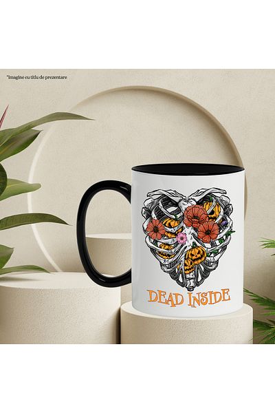 StoryGift Romania Cana cu o inima de schelet cu mesajul "Dead Inside", mort in interior, floricele, Cu Maner Negru