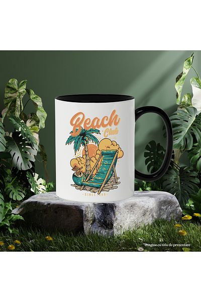 StoryGift Romania Mug With Message In English Beach Club, Palm Tree, Chair, Sunset, Coconut, Multicolor 330, With ,STG