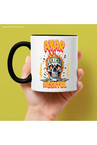 StoryGift Romania Mug Skull Man in Flames with Banknotes Miserly Greedy, 330ml, Ceramic with Black Handle, With