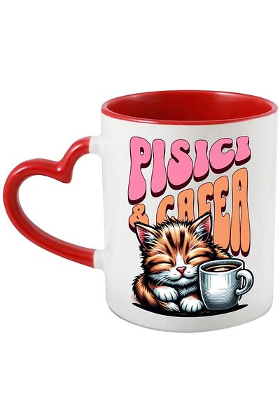 StoryGift Romania Cana Pisici & Cafea motan dormind ceasca de cafea, 330ml, Ceramica cu Maner Inim, Cu Maner Inim STG