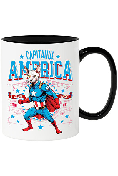 StoryGift Romania Mug with Sphynx Cat in Captain America Costume with Cape, Night Hero, By, with Black Handle STG