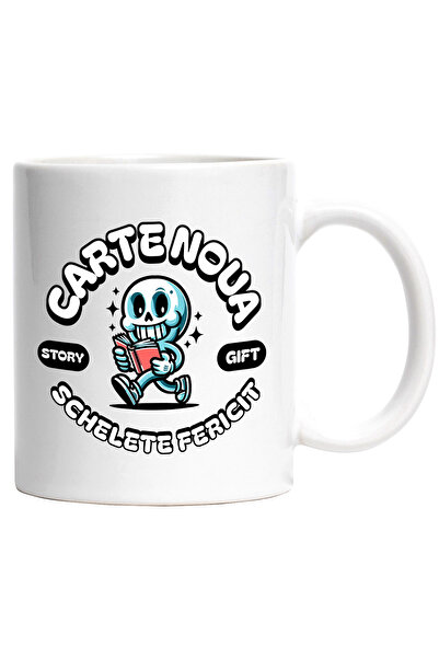 StoryGift Romania Cana CARTE NOUA SCHELETE FERICIT CITIT IUBITORII LECTURA, 330ml, Ceramic cu Mane, Cu Maner Alb STG