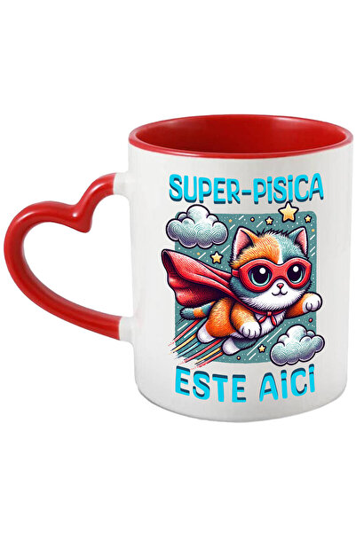 StoryGift Romania Cana cu Pisica In Aer Cu Pelerina si Masca De Super-Erou, Desene Animate, Text S, Cu Maner Inim STG