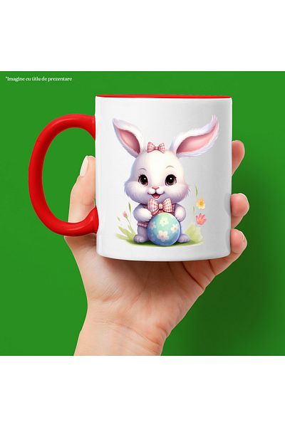 StoryGift Romania Mug with a bunny holding a painted egg | popcorn | plants | nature | grass, With ,STG