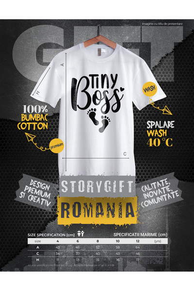 StoryGift Romania Children's T-shirt with heart and footprints with the text "Tiny boss" - little boss baby 100% B