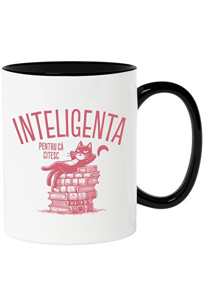 StoryGift Romania Cana Pisica intinsa pe carti, text INTELIGENTA DEOREC, 330m...