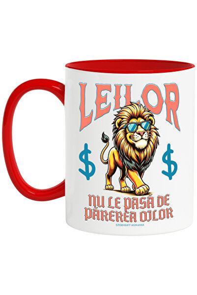 StoryGift Romania Cana Leu smecher cu ochelari de soare, LEILOR NU LE PASA DE PAREREA OILOR, 330ml, Cu Maner Rosu STG