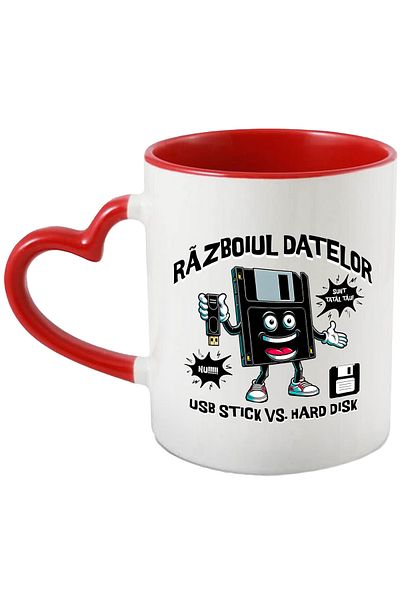 StoryGift Romania Cana RAZBOIUL DATELOR. USB STICK VS. HARD DISK , 330ml, Ceramica cu Maner Inima , Cu Maner Inim STG