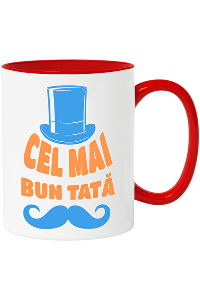 StoryGift Romania Cana Cel Mai Bun Tata palarie si mustata familie, 330ml, Ceramic cu Maner Rosu, Cu Maner Rosu STG