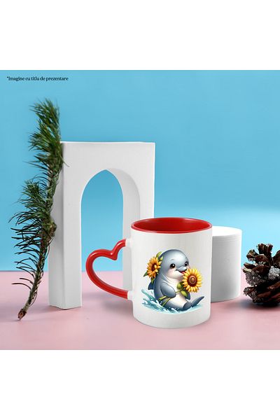 StoryGift Romania Mug with a dolphin holding a flower | illustration | sunflower | water | apple, With ,STG