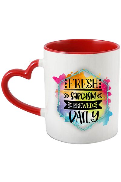 StoryGift Romania Cana cu mesajul "Fresh sarcasm brewed daily", ilustratie, amuzant, razi, comic, , Cu Maner Inim STG