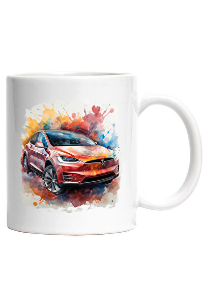 StoryGift Romania Cana Cu Masina, Brand, Tesla, Watercolor, Roti, Multicolor ...