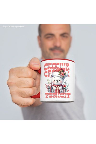 StoryGift Romania Mug with White Bear with Scarf and Santa Claus Hat Colorful Gifts Christmas Text Fe, Cu,STG