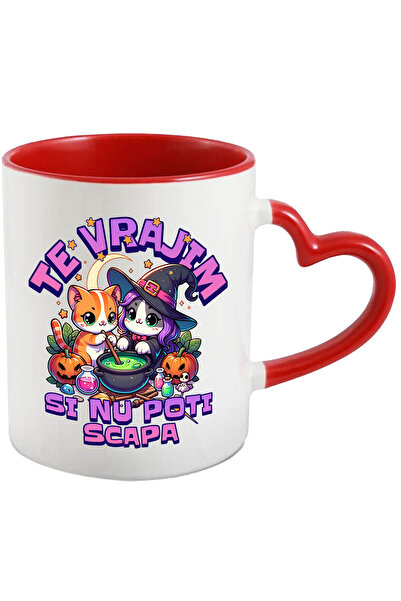 StoryGift Romania Cana cu Pisici Potiune Magica Text Te Vrajim Si Nu Poti Scapa Hallowen, Ceramica, Cu Maner Inim STG