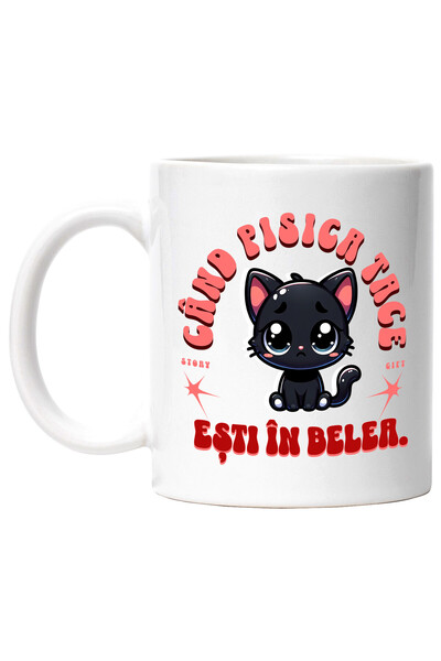 StoryGift Romania Cana cu Pisica Neagra Trista Text Haios Cand Pisica Tace Esti In Belea Animal Pu, Cu Maner Alb STG