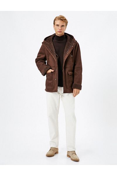 Koton Suede Look Jacket Inside Faux Fur Hooded Zipper with Pocket Detail