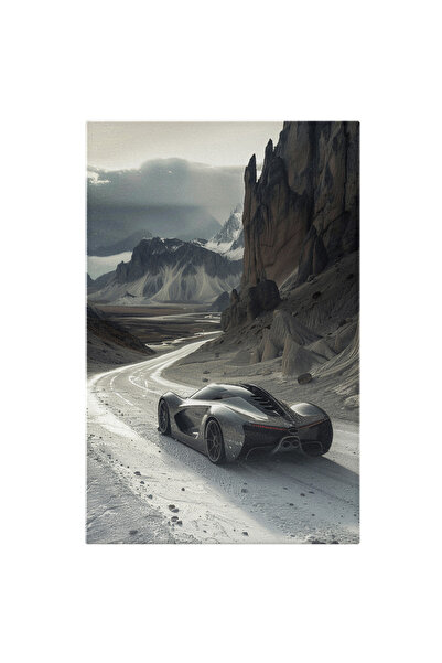 StoryGift Romania Tablou Canvas: Mașină Gri Pe Drum Deșertic Și Nuanțe Reci- Mașini Sport Pictura Digitala