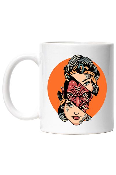 StoryGift Romania Cana Cu Cerc, Portret, Femeie, Demon, Jumatate, Colti, Tatuaje, Multicolor 330 m, Cu Maner Alb