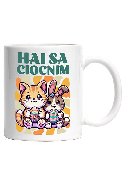 StoryGift Romania Cana iepurasi de paste hai sa ciocnim sarbatoare Hristos a inviat, 330ml, Cerami, Cu Maner Alb STG
