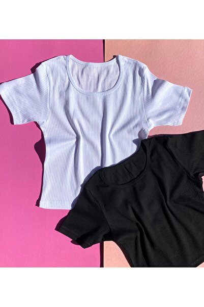 VicTroy Μπλούζα με κορδόνι με στρογγυλή λαιμόκοψη βαμβακερή Lycra - Λευκό και μαύρο σετ 2