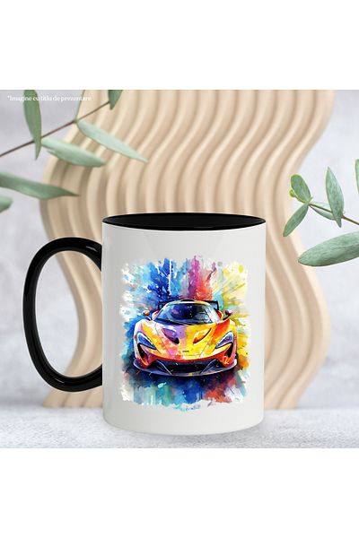 StoryGift Romania Cana Cu Masin Sport, Watercolor, Viteza, Lux, Multicolor 330 ml, Ceramica cu Man, Cu Maner Negru
