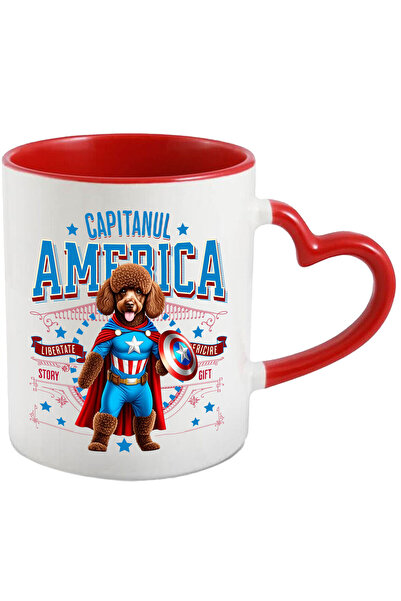 StoryGift Romania Mug with Poodle / Poodle Dog in Captain America Costume with Cape, Night Hero, with Heart Handle STG
