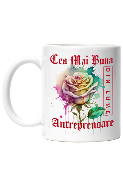 StoryGift Romania Cana Cu Textul Cea Mai Buna Antreprenoare, Din Lume, Floare, Trandafir Colorat, , Cu Maner Alb STG