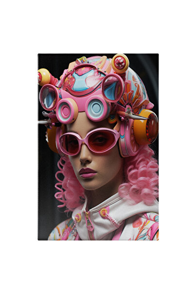 StoryGift Romania Tablou Canvas: Portret Feminin Purtand O Casca Futurista Multicolora Cu Ochelari De Soare Roz-